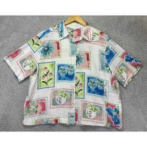 Jane + Delancey Women Short Sleeve Button Up Top Boxy Postage Stamp Print M‎